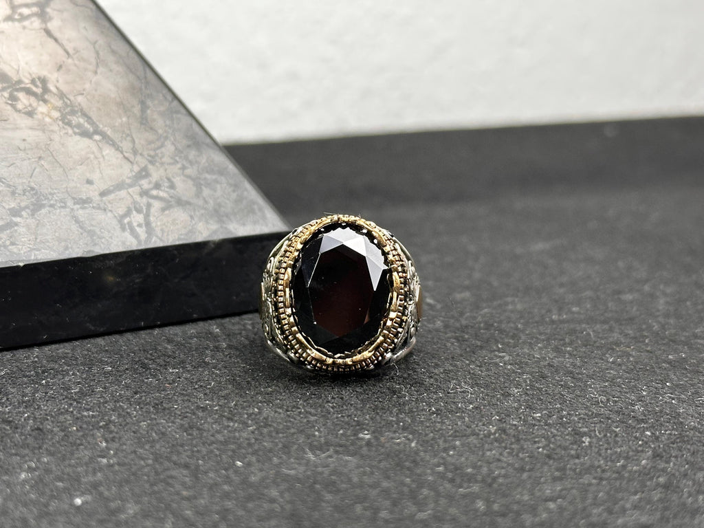 Men's Black Zircon Ring, Sterling Silver Oval (Handmade, Engraved)