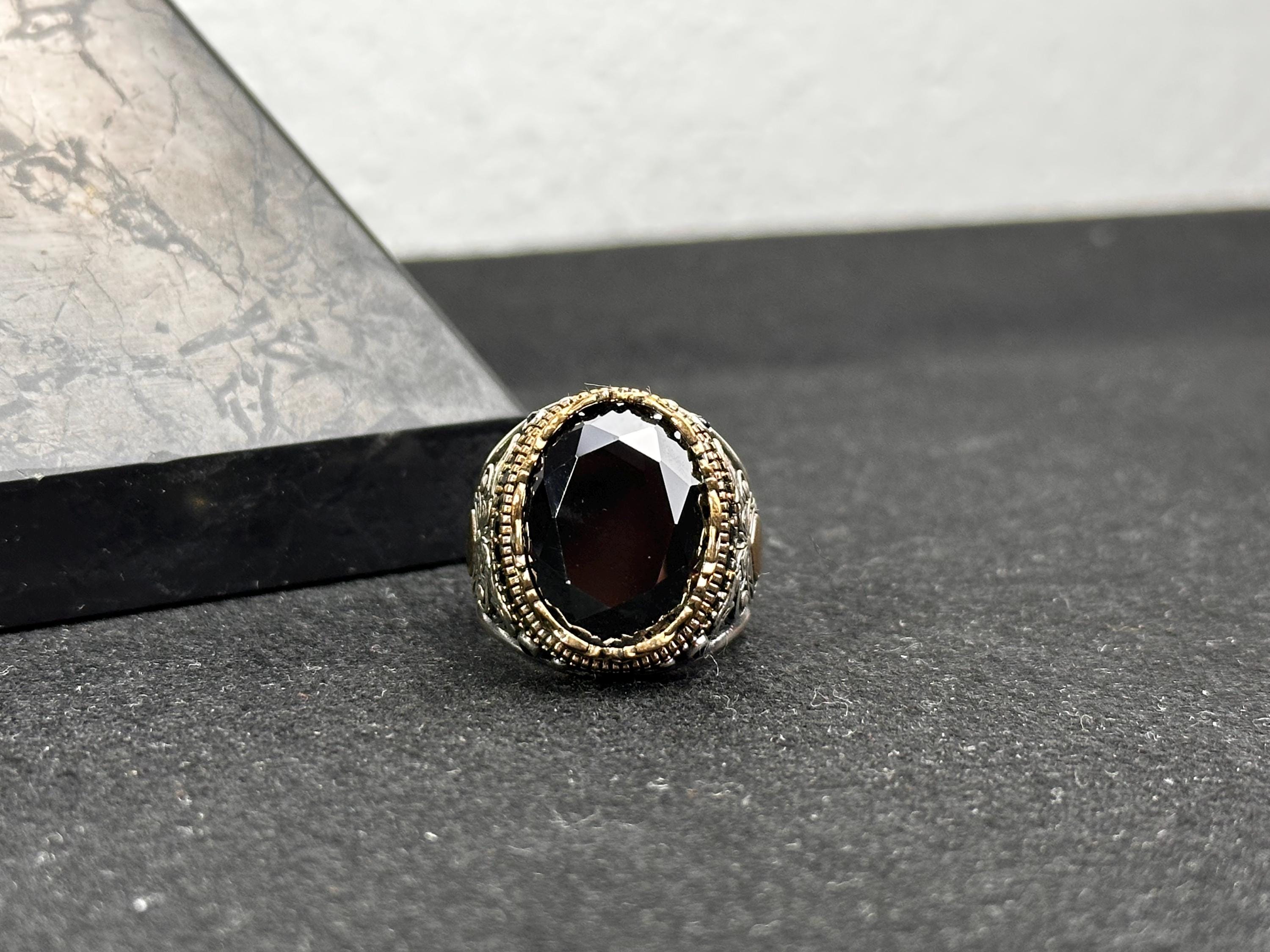 Men's Black Zircon Ring, Sterling Silver Oval (Handmade, Engraved)