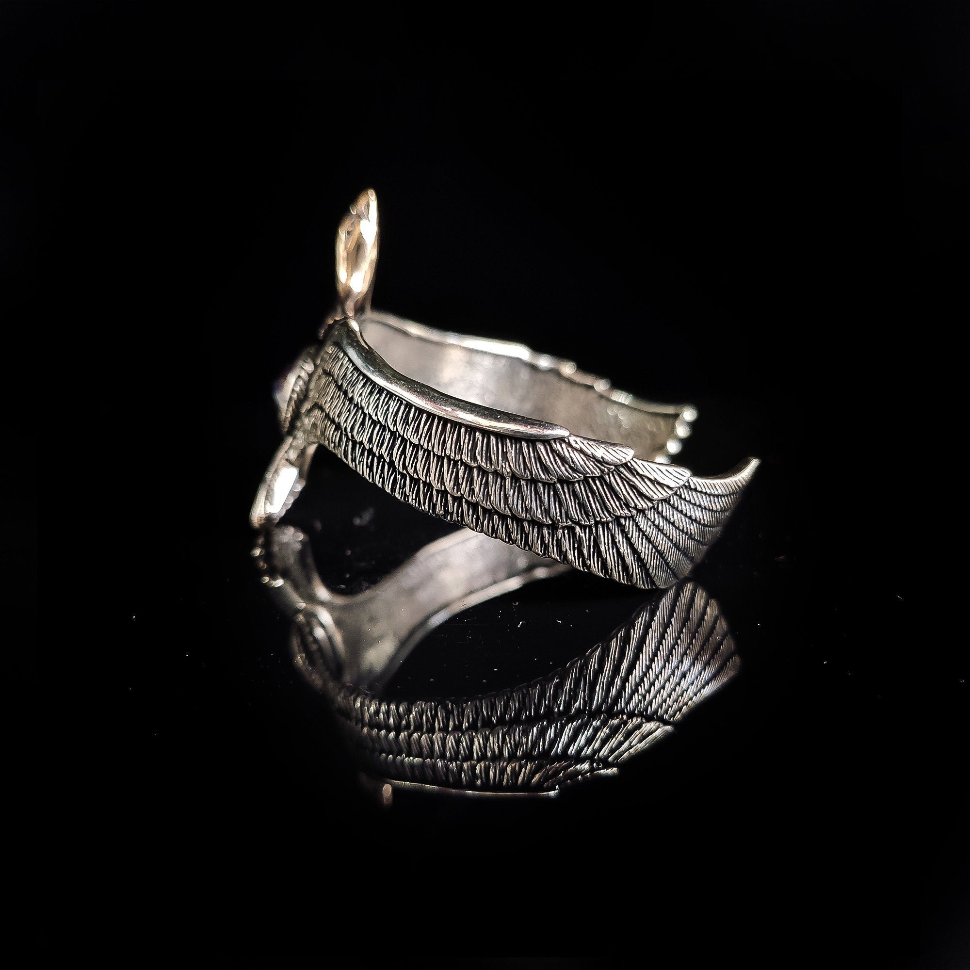 Eagle Bracelet: Red Zircon Sterling Silver Cuff (Handmade)