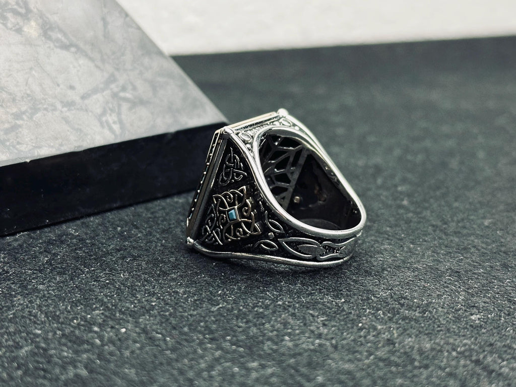 Arabic Calligraphy Silver Ring - Square Shape with Turquoise Detail