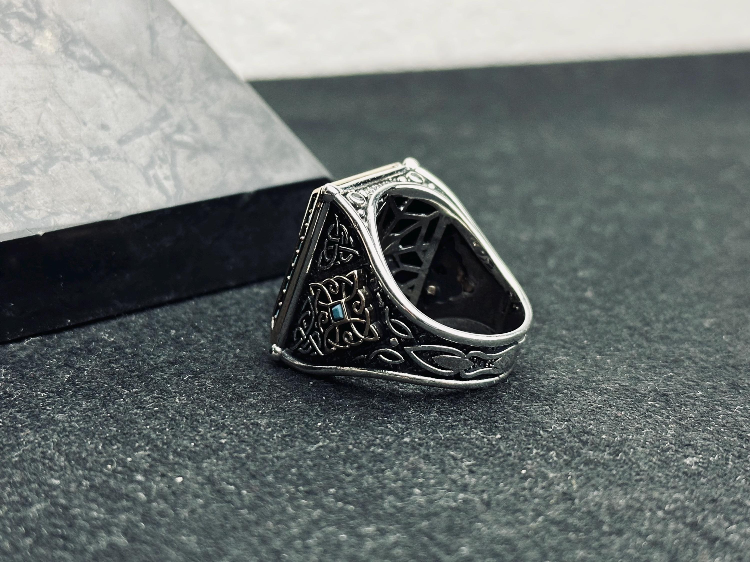 Arabic Calligraphy Silver Ring - Square Shape with Turquoise Detail