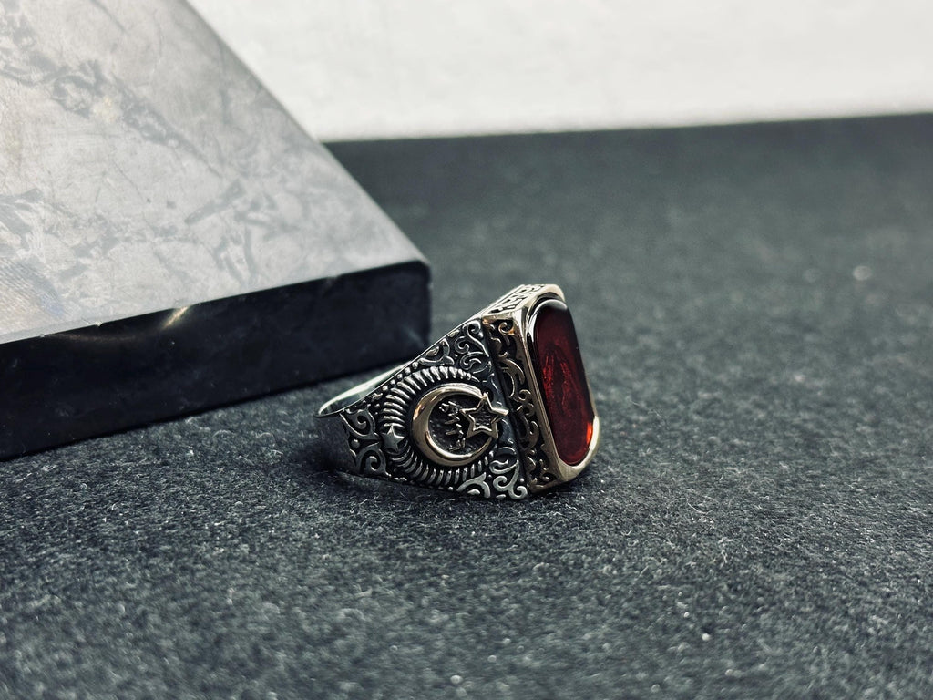 Square Amber Men's Ring - Sterling Silver, Moon and Star Accent