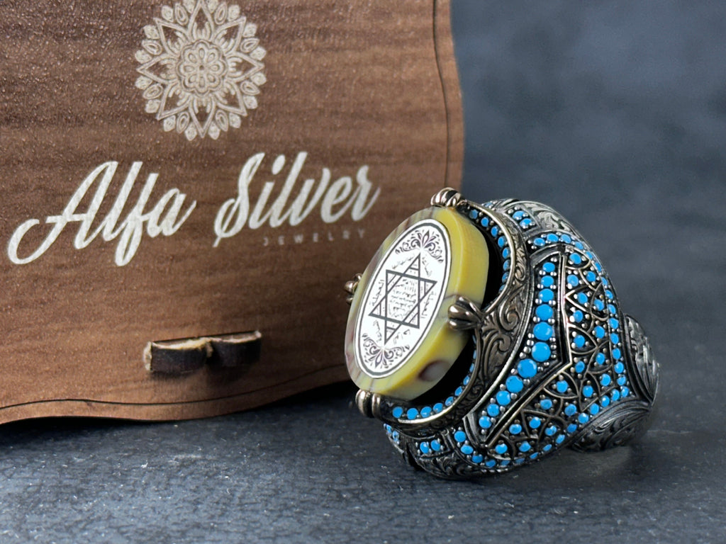 Seal of Solomon Ring: Spiritual Amber Stone (Sterling Silver)