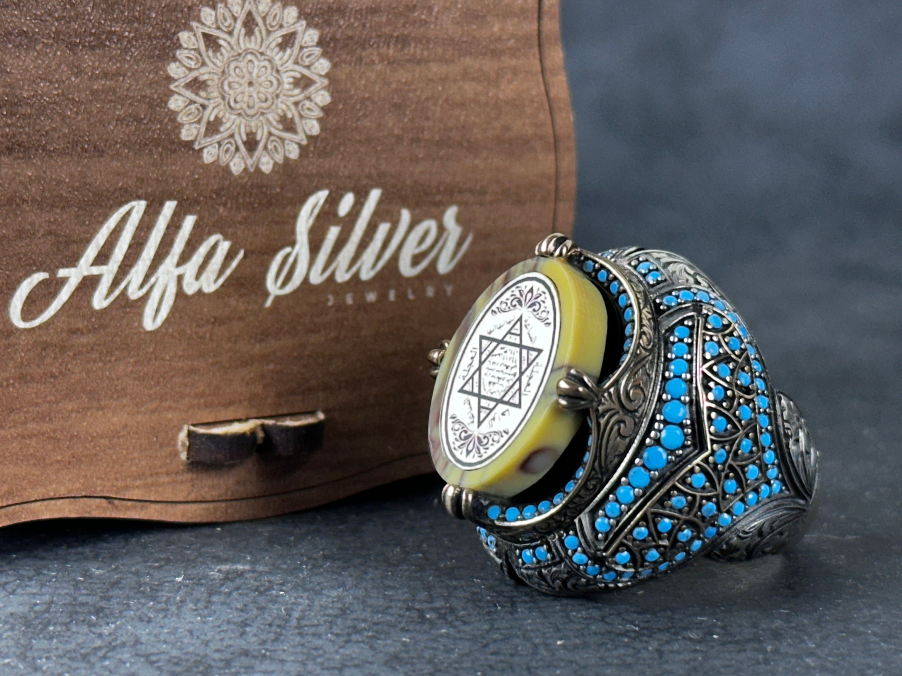 Seal of Solomon Ring: Spiritual Amber Stone (Sterling Silver)