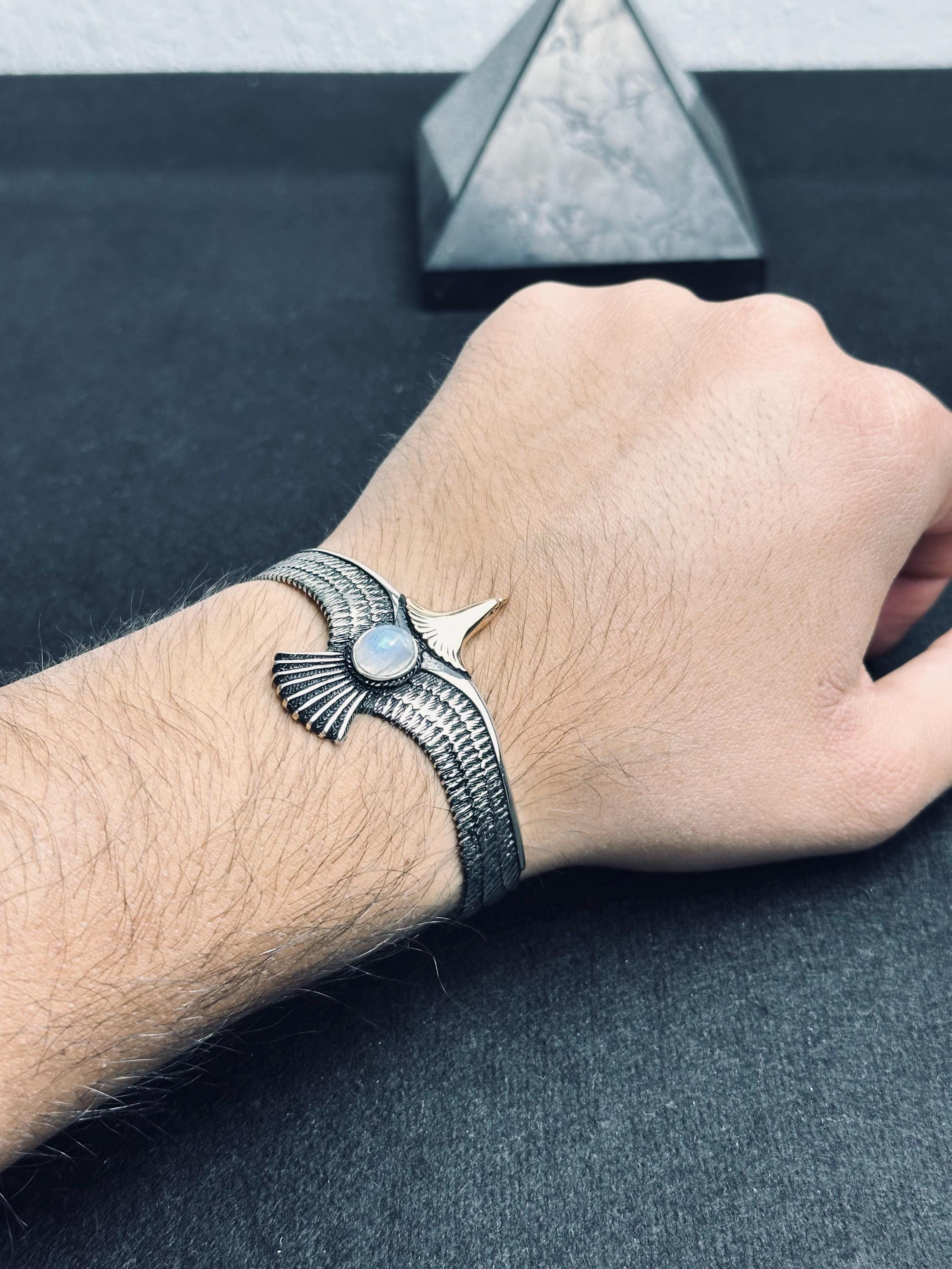 Eagle Moonstone Bracelet: Handmade Sterling Silver (Cuff Style)