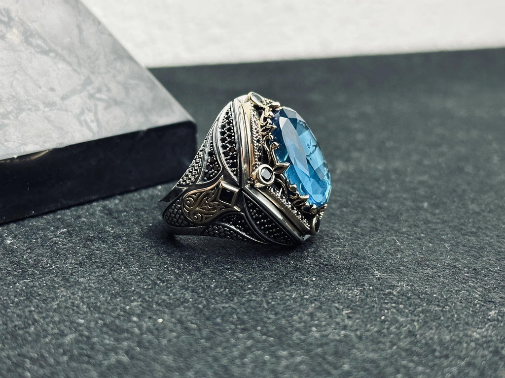 Men's Silver Ring: Aquamarine and Zircon - Arabic Prayer Inscription