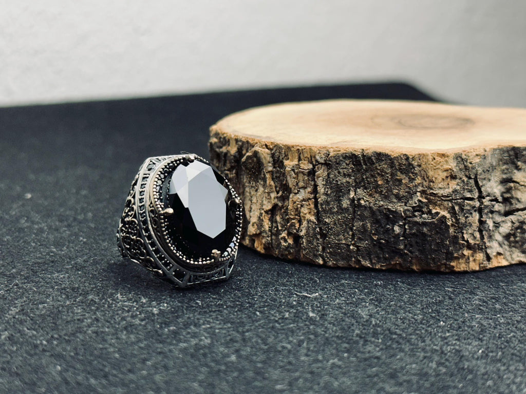 Black Zircon Men's Ring: Sterling Silver Zulfiqar Sword