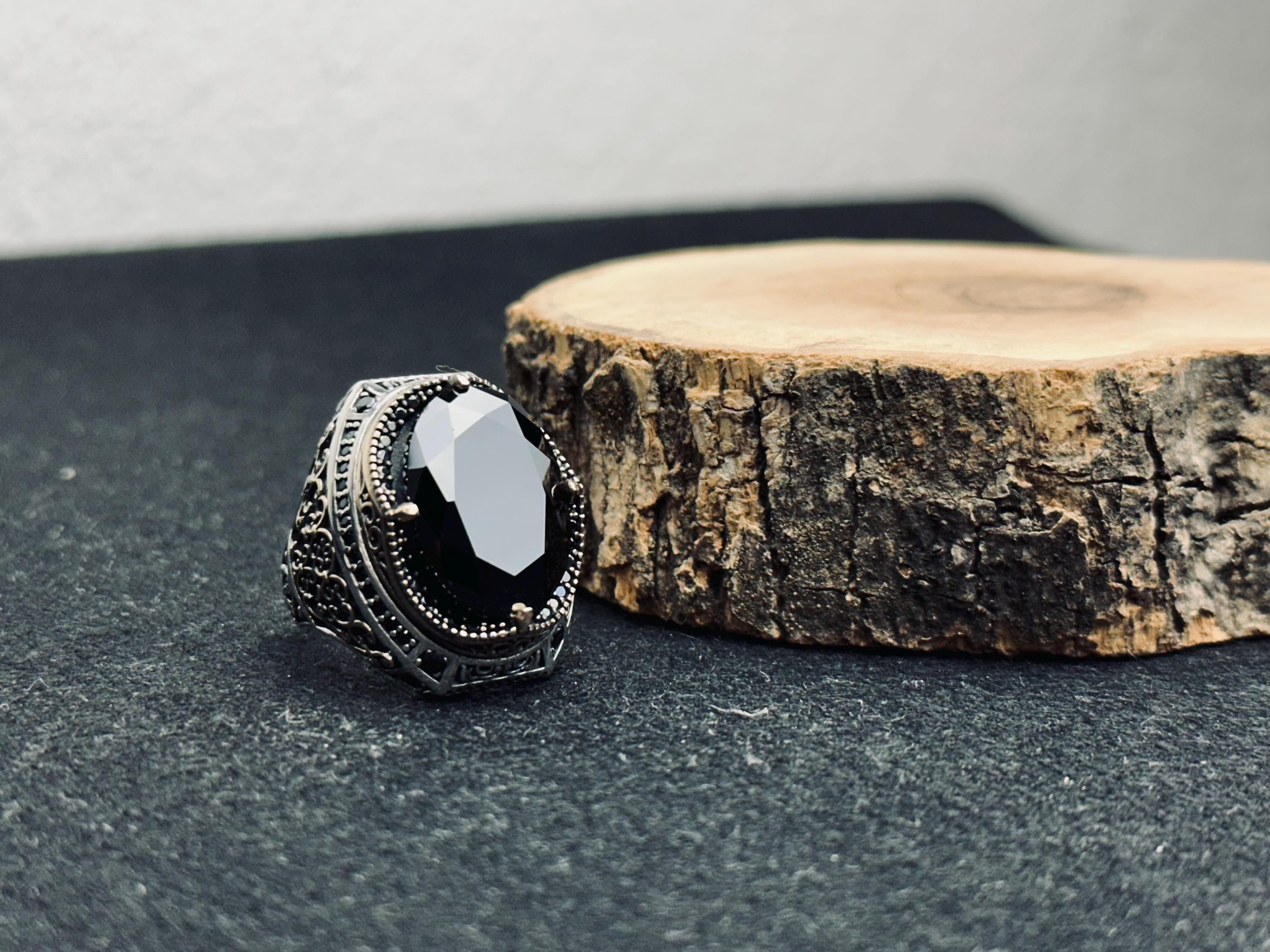 Black Zircon Men's Ring: Sterling Silver Zulfiqar Sword