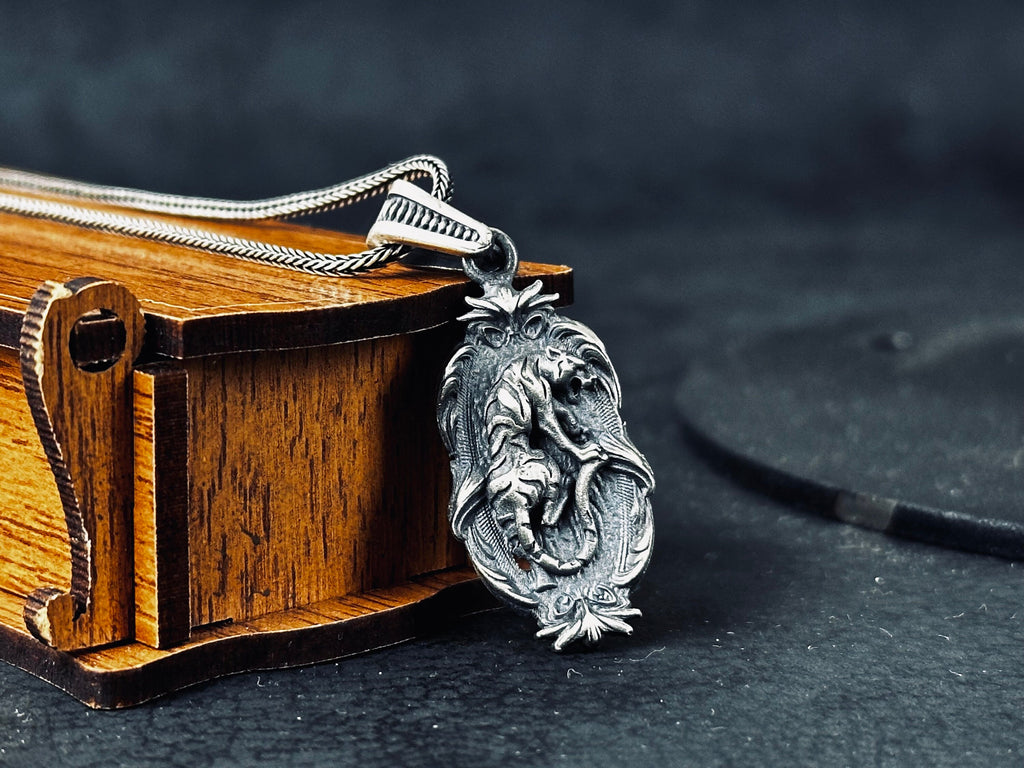 Jaguar Pendant Necklace: Silver with Embroidery (Multiple Chain Lengths)