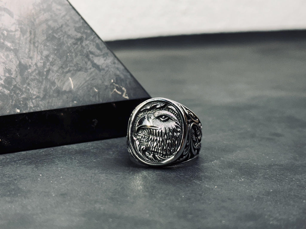 Nordic Eagle Sterling Silver Ring, Oxidized Handmade (Men's Size)