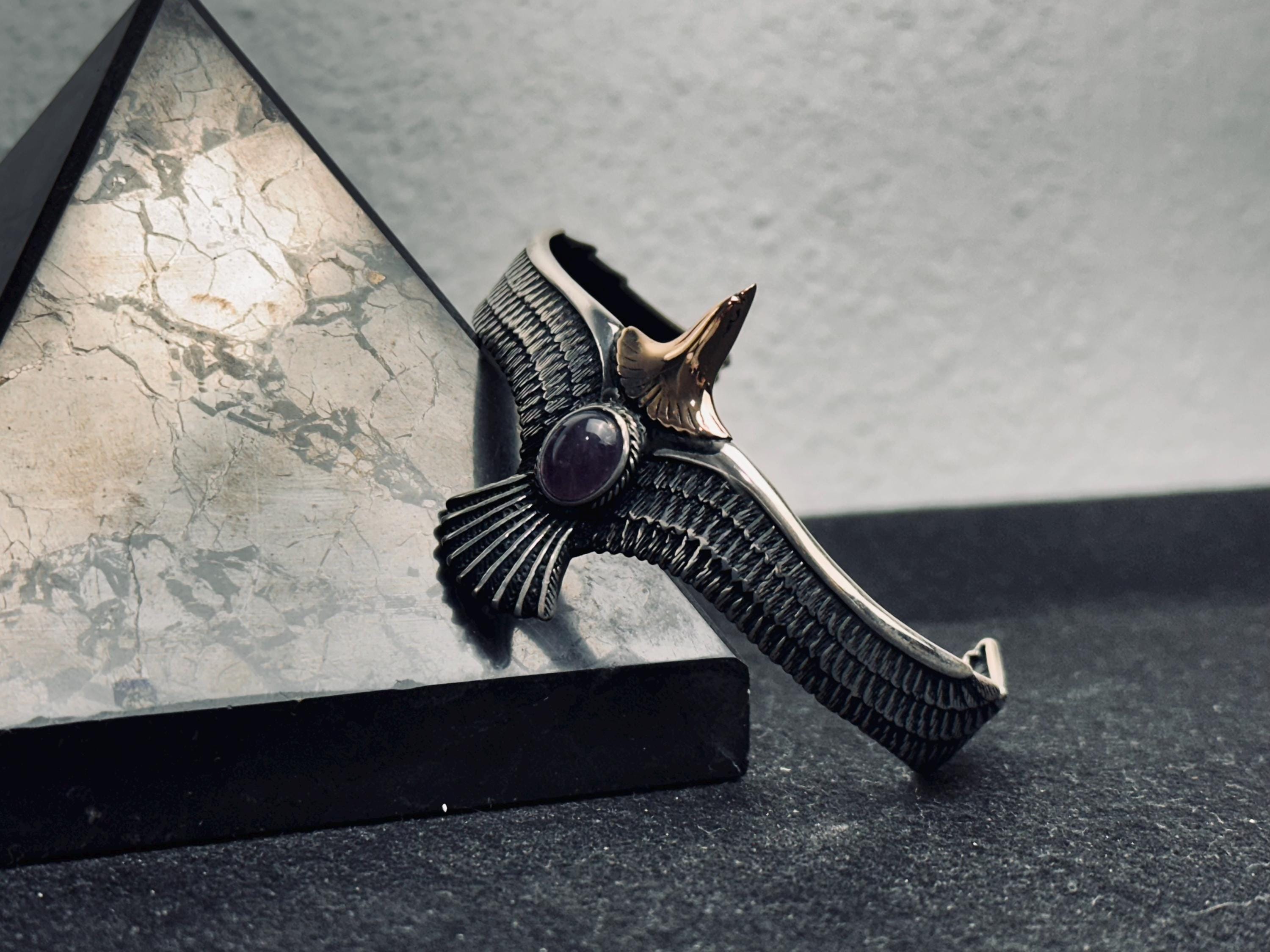 Eagle Amethyst Bracelet: Sterling Silver Cuff (Adjustable, Handmade)