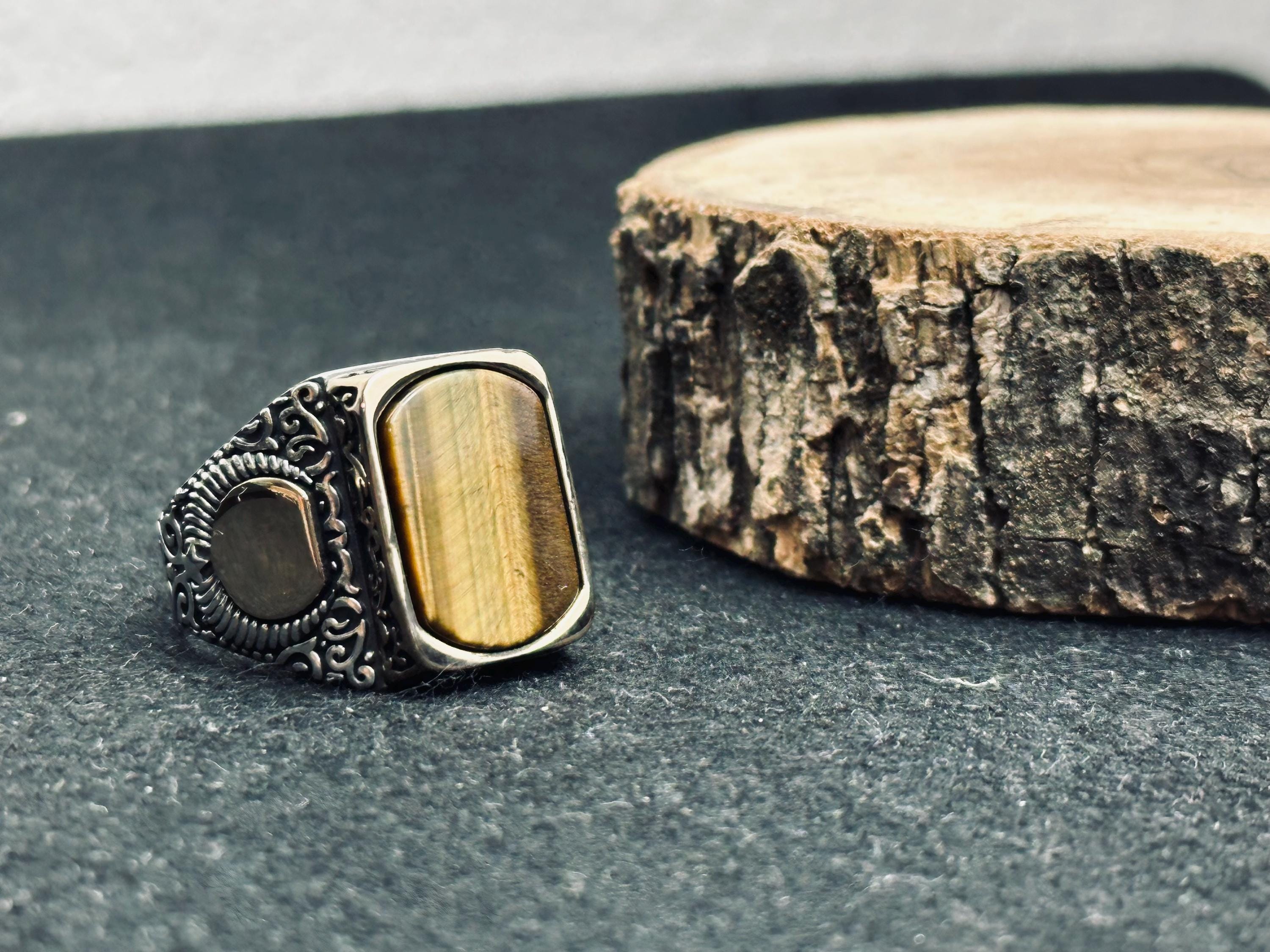 Sterling Silver Men's Ring: Square Tiger Eye Gemstone
