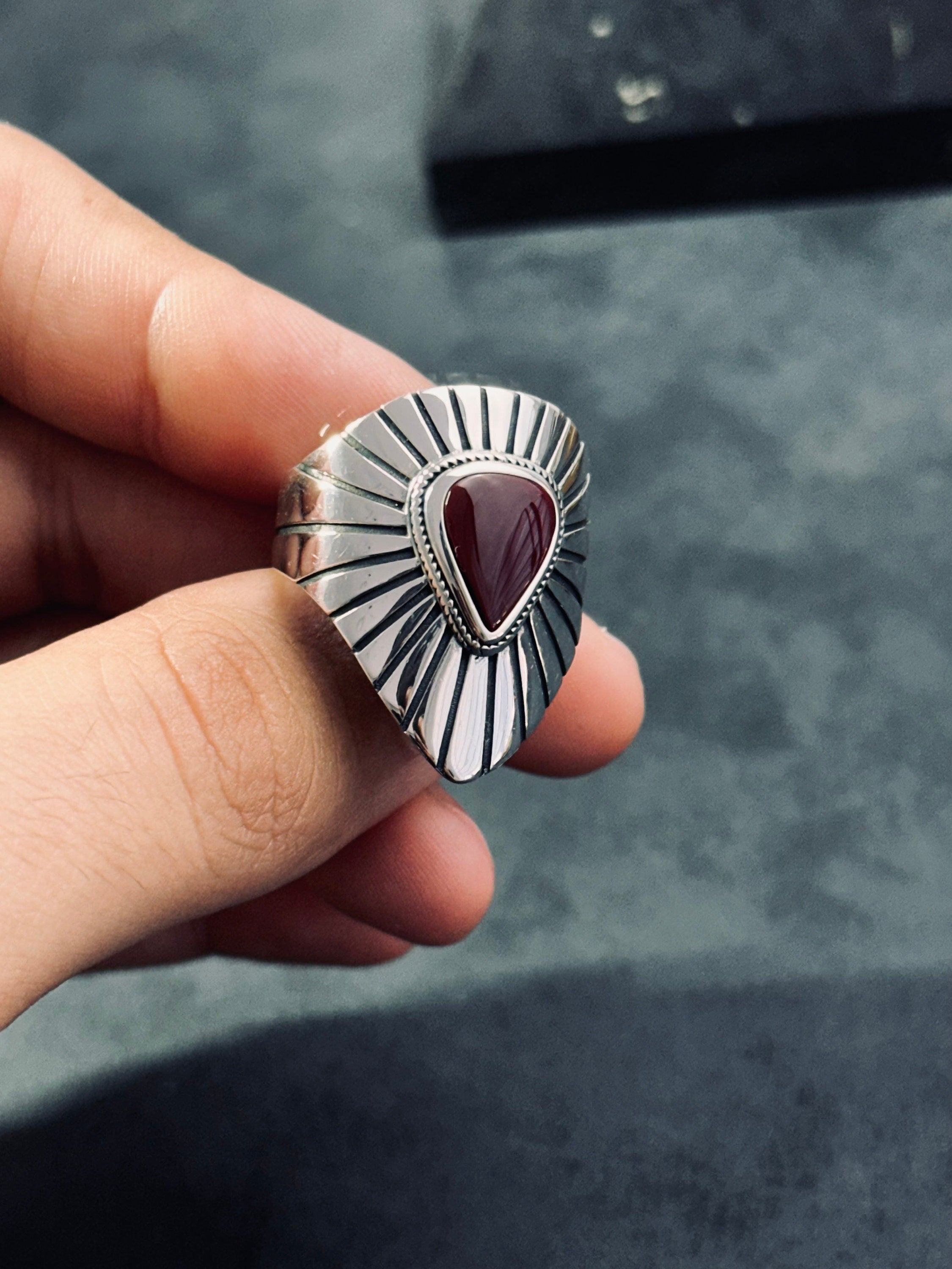 Sterling Silver Shield Ring - Red Agate Stone Detail