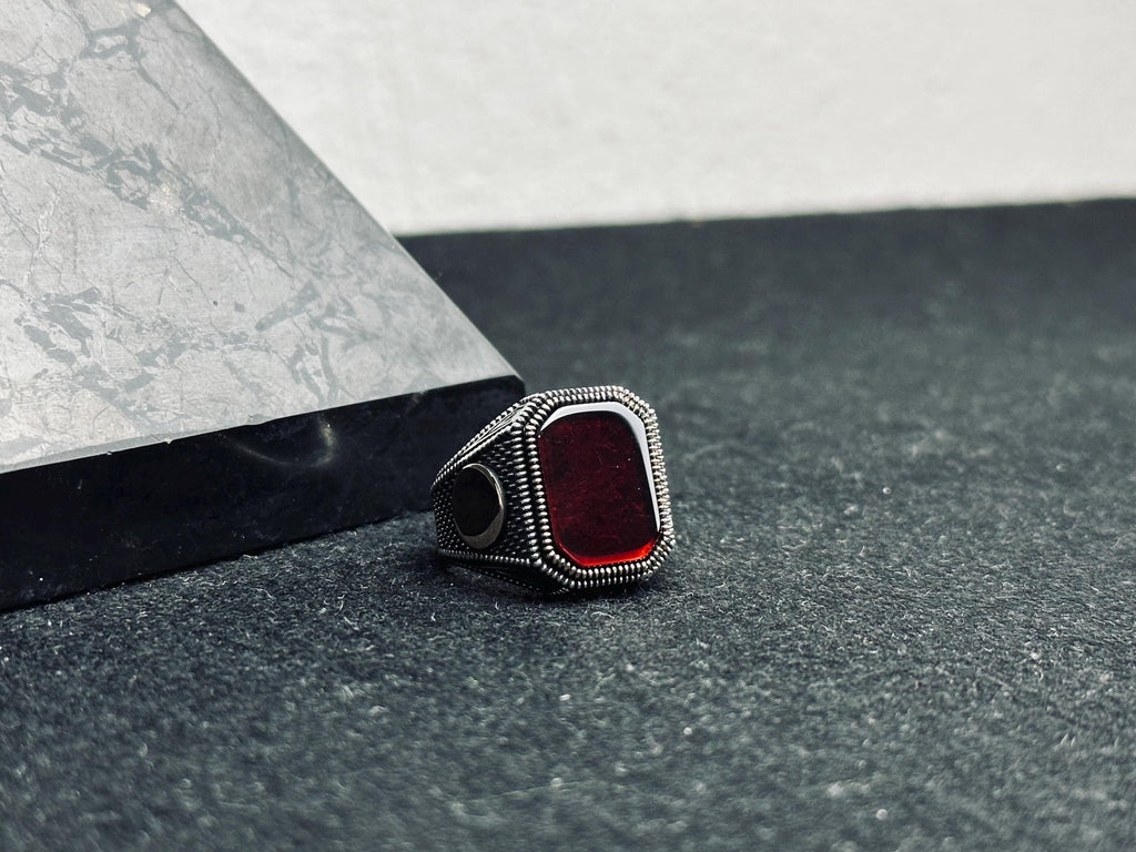 Red Aqeeq Men's Ring - Square Agate, Handmade Silver