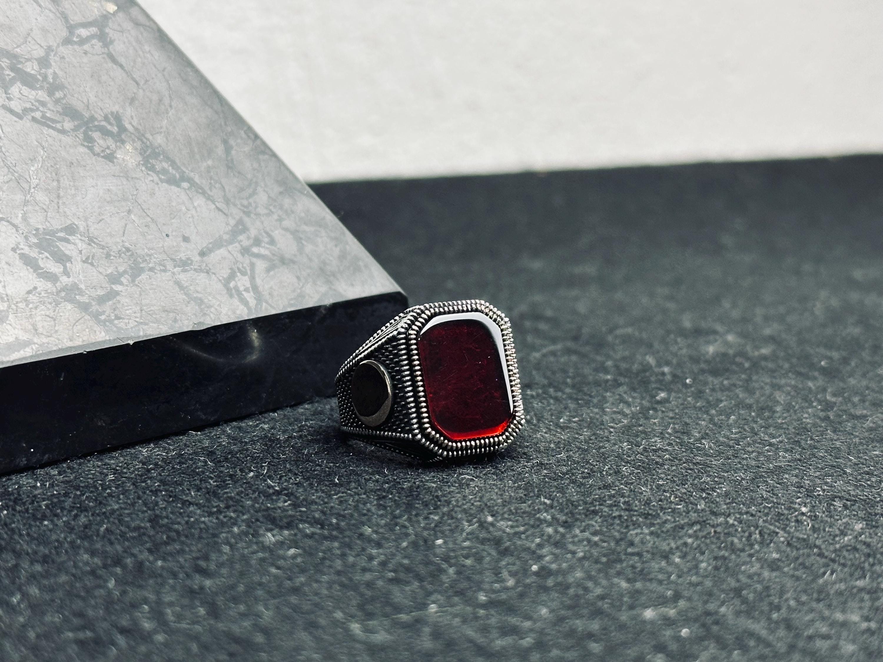 Red Aqeeq Men's Ring - Square Agate, Handmade Silver