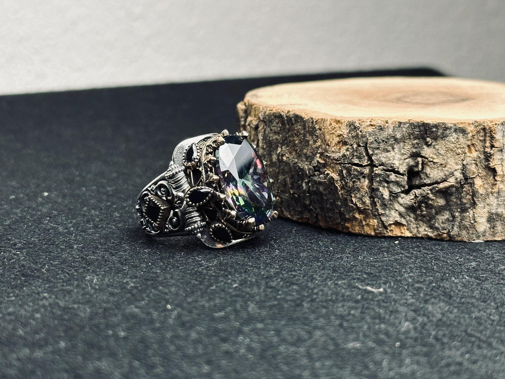 Men's Sterling Silver Ring: Mystic Topaz & Zircon Accents (Handmade)