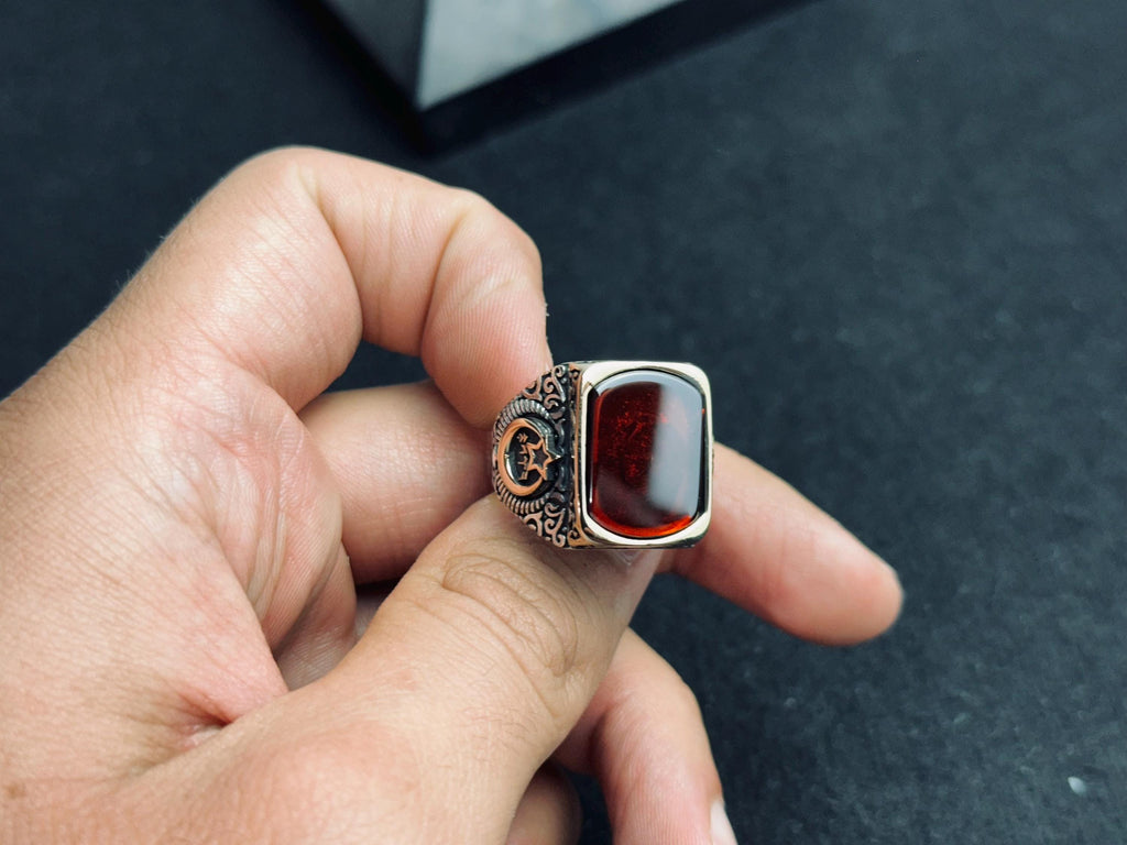 Square Amber Men's Ring - Sterling Silver, Moon and Star Accent