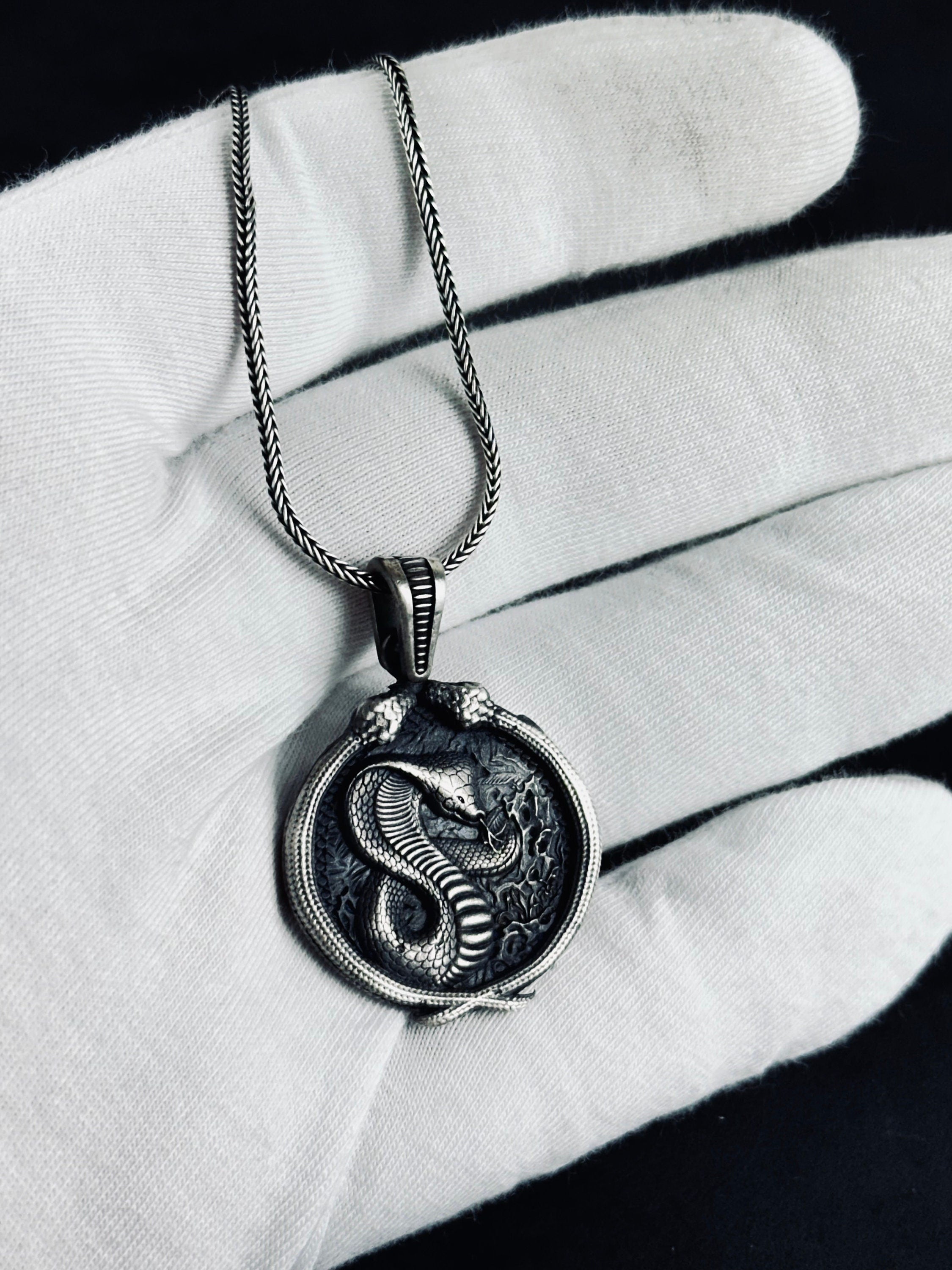 Silver Snake Necklace - Handmade Serpent Pendant on Chain