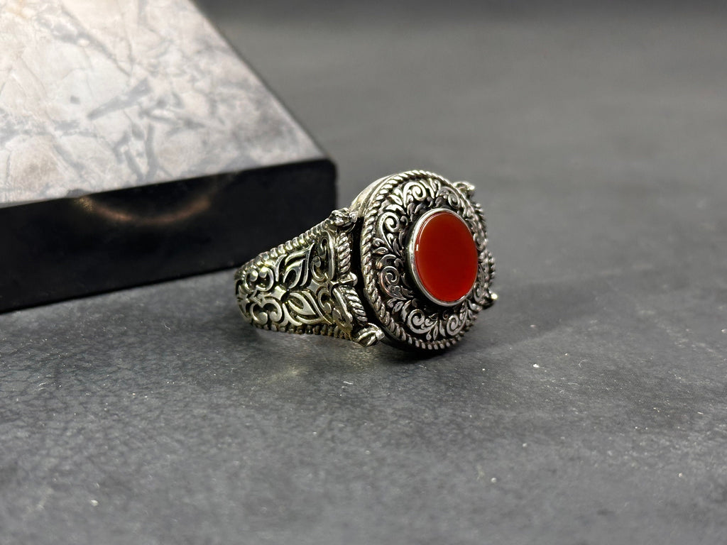 Men's Red Agate Ring, Sterling Silver Engraved (Everyday Wear)