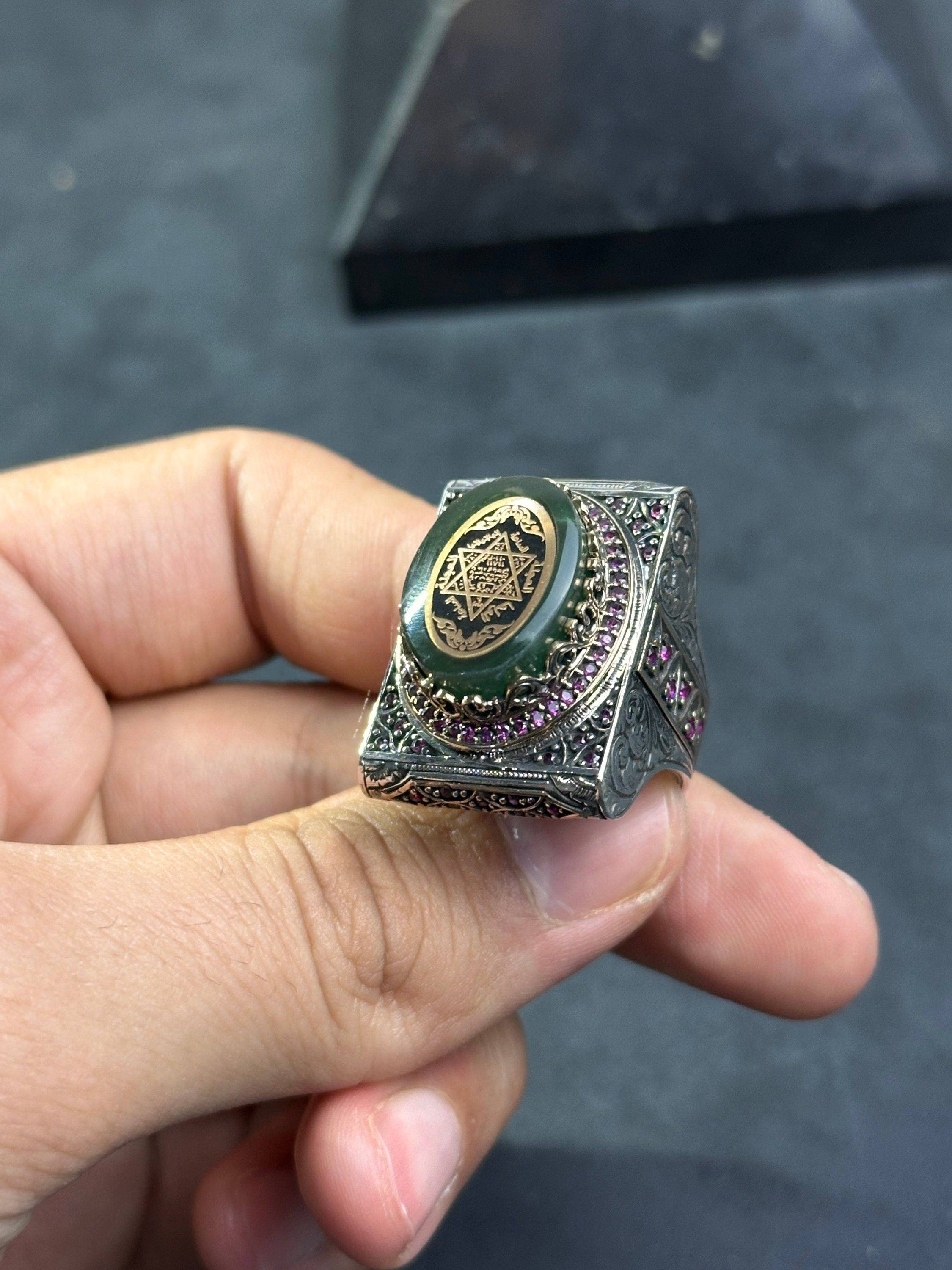 Green Amber Solomon Ring: Sterling Silver, Big Men's Signet