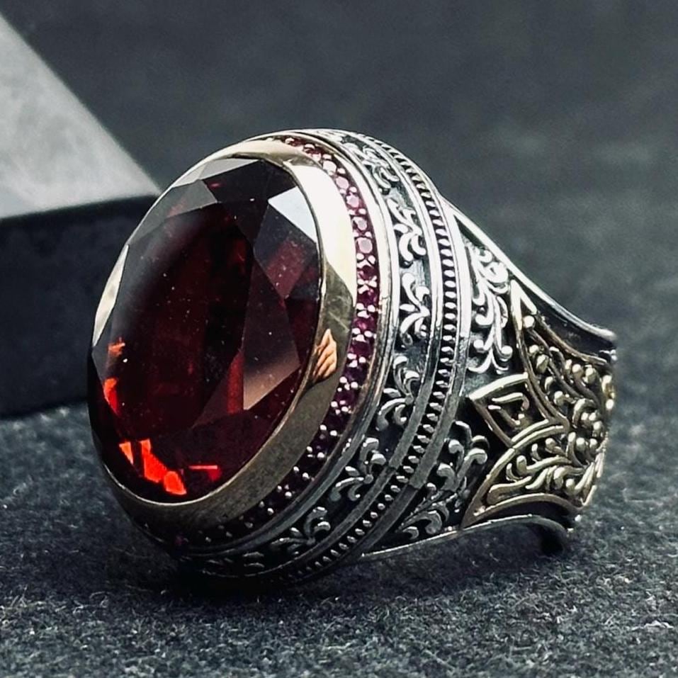 Ottoman Ruby Ring: Vintage Sterling Silver Men's Statement Jewelry