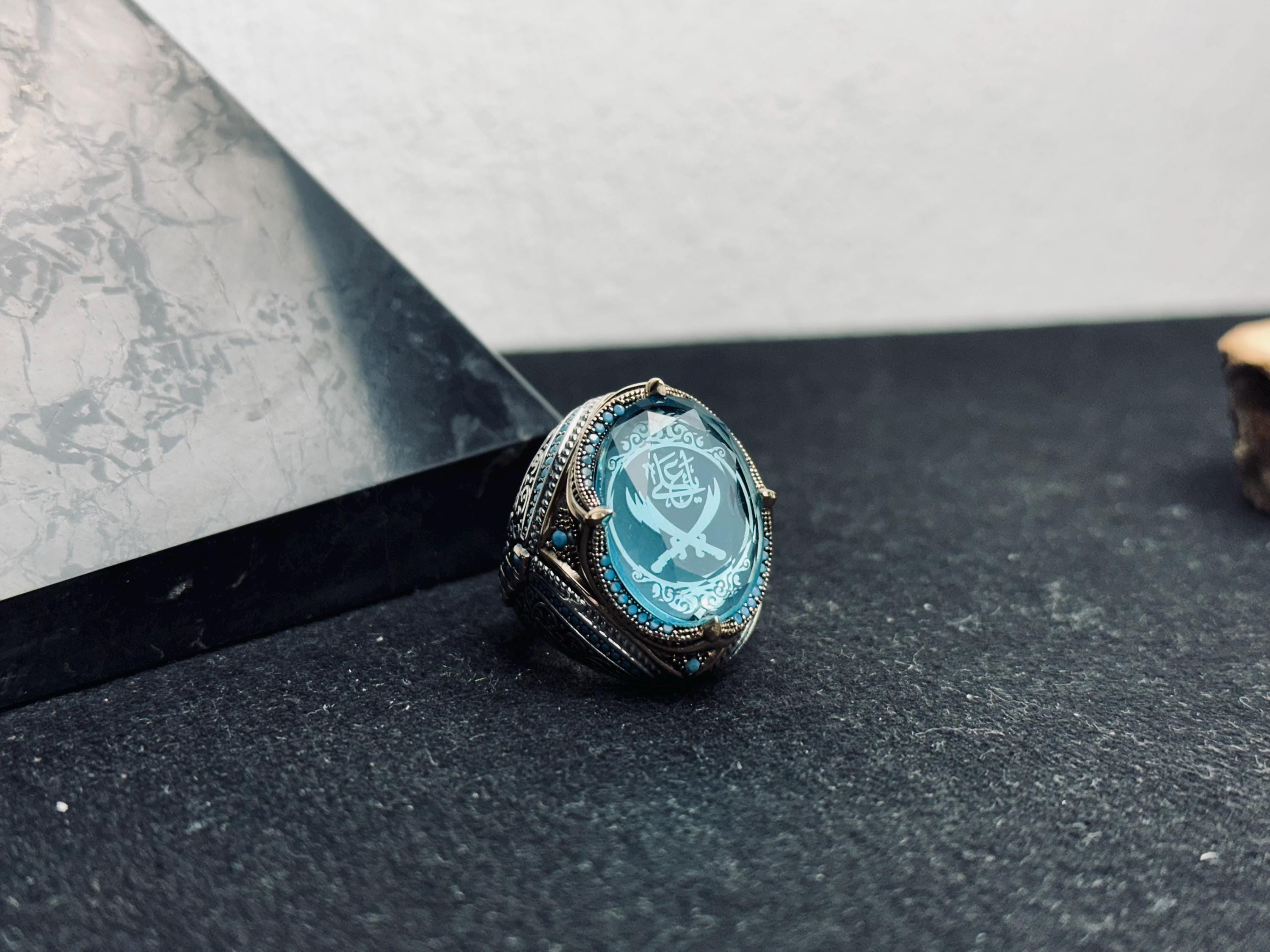 Zulfiqar Sword Ring: Islamic Sterling Silver Jewelry (Blue Zircon)
