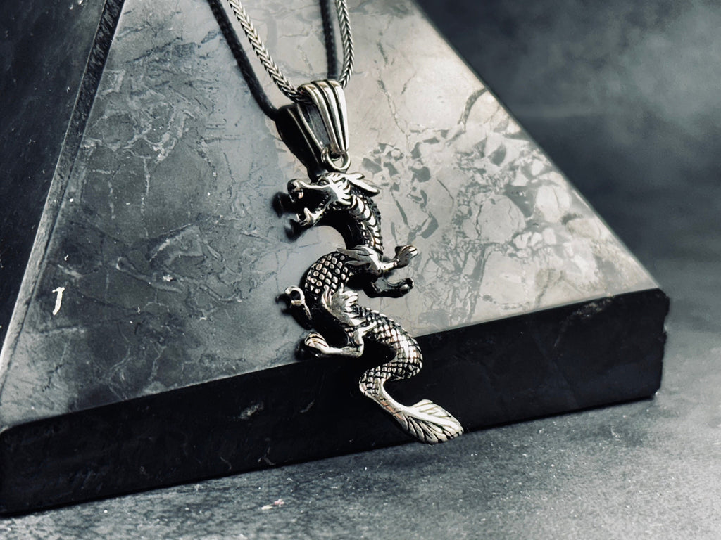 Fantasy Silver Necklace Dragon Charm (Handmade Pendant on Chain)