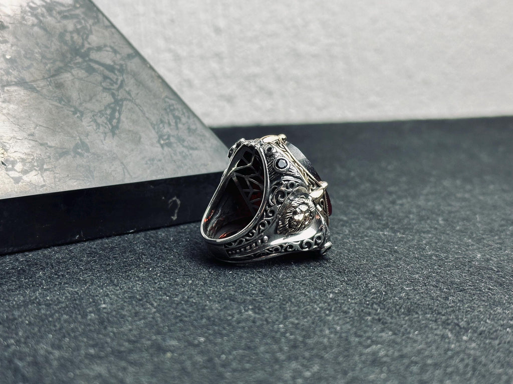 Lion Head Statement Ring: Sterling Silver with Red Gemstone