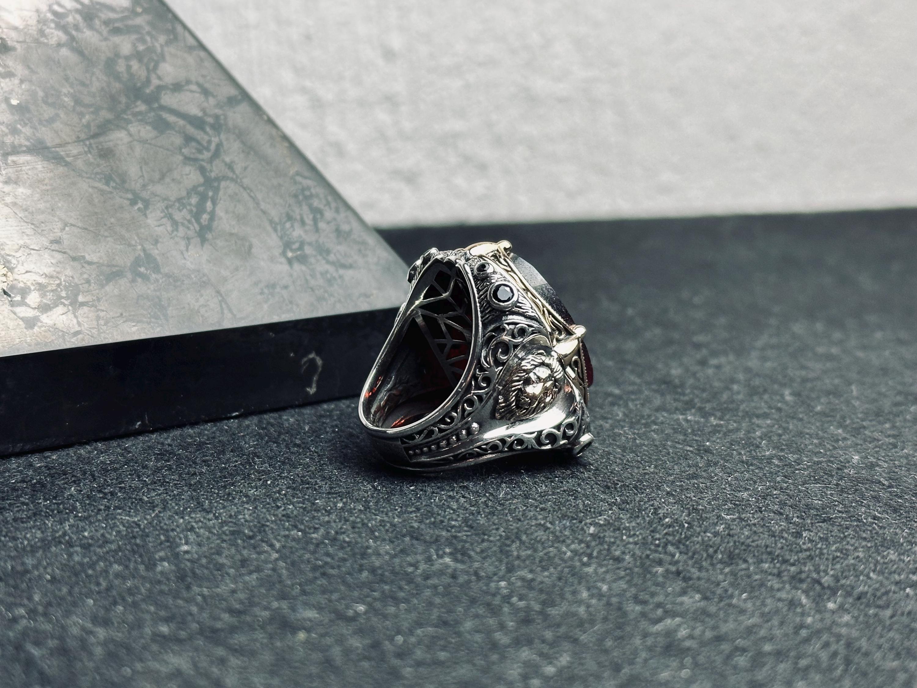 Lion Head Statement Ring: Sterling Silver with Red Gemstone