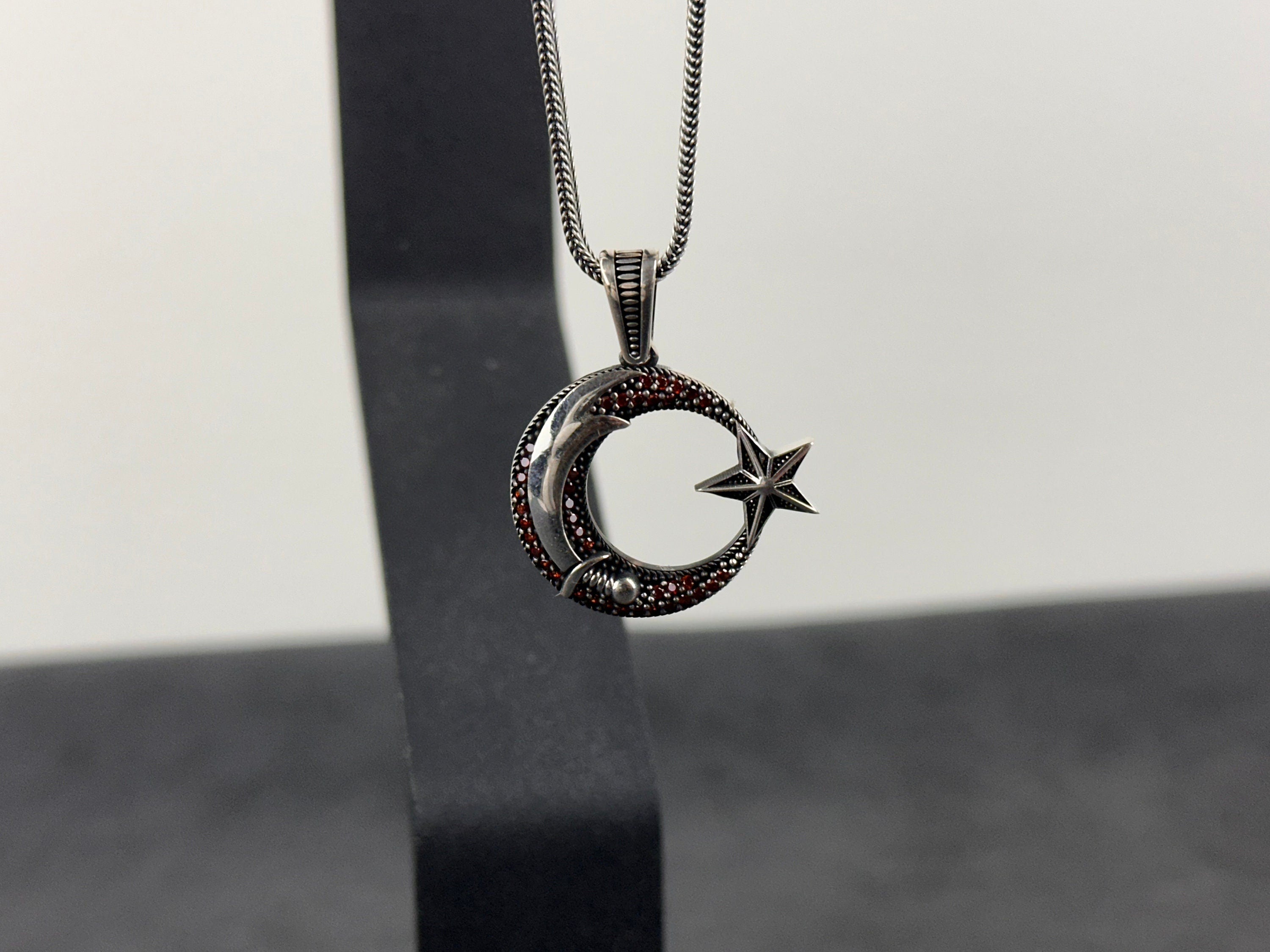Moon Star Necklace: Sterling Silver Rope Chain - Crescent Pendant
