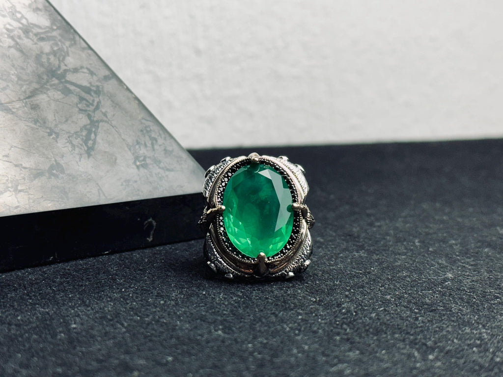 Green Tourmaline Men's Silver Ring - Large Lion Head Design