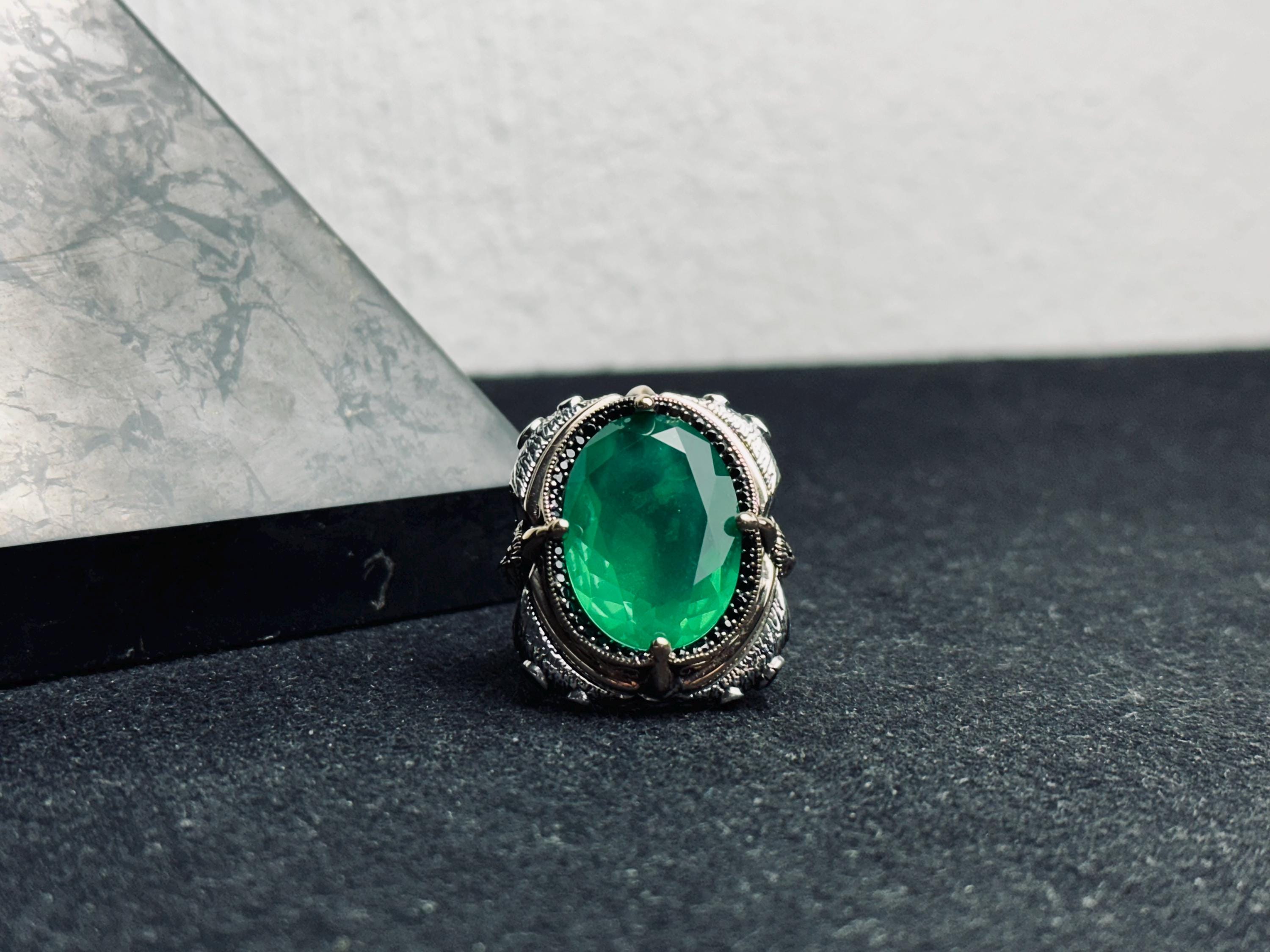Green Tourmaline Men's Silver Ring - Large Lion Head Design