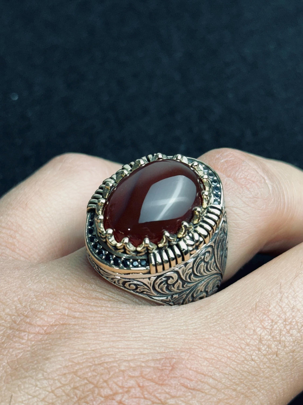 Red Aqeeq Ring for Men: Oval Agate Stone, Sterling Silver