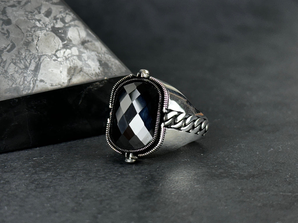 Sterling Silver Seal of Solomon Ring, Double Sided Zircon (Men's Size)