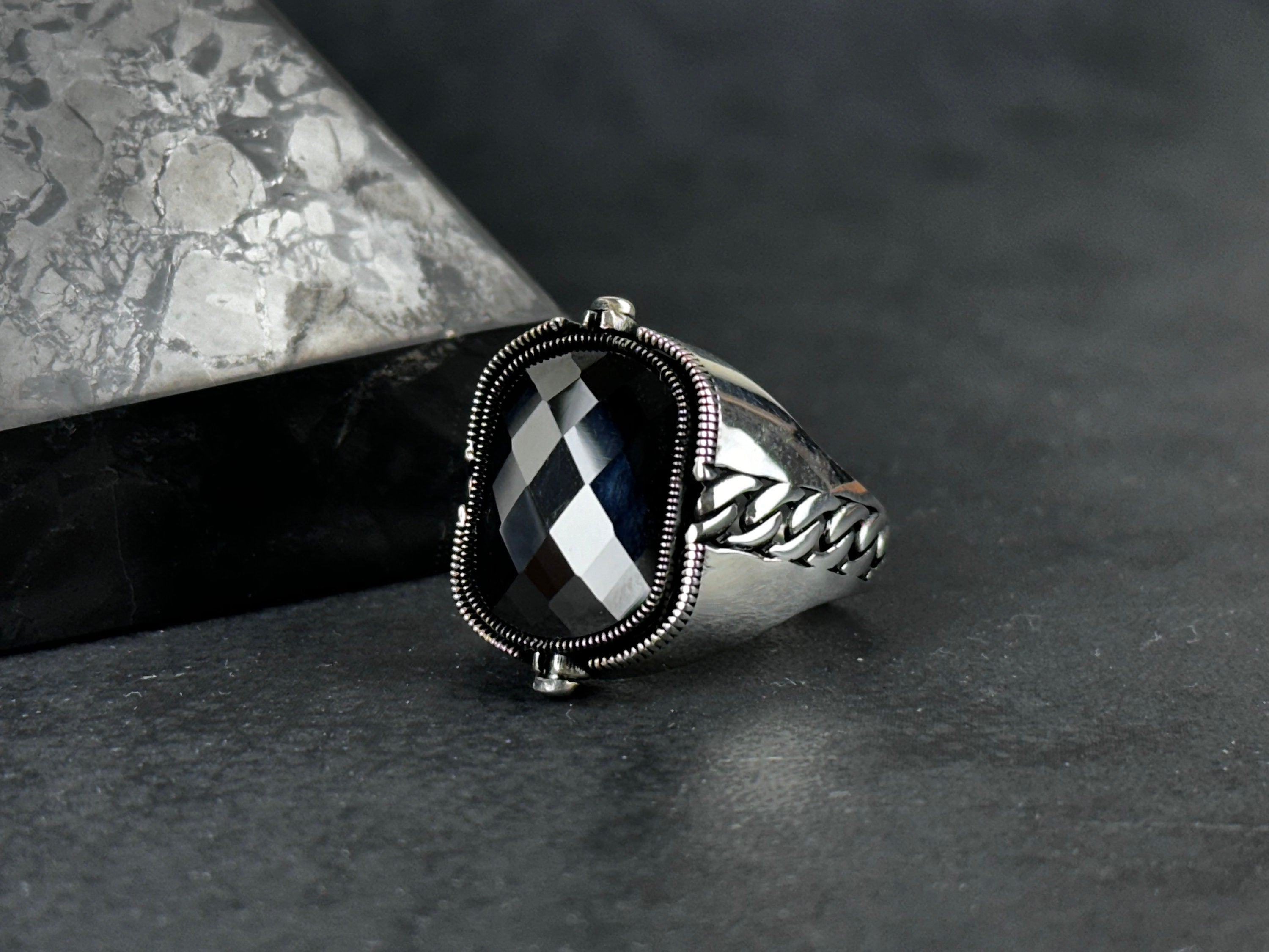 Sterling Silver Seal of Solomon Ring, Double Sided Zircon (Men's Size)