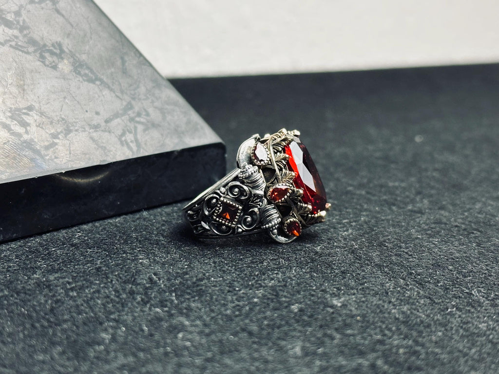Ruby Signet Ring: Sterling Silver Artisan Design - Zircon Detail