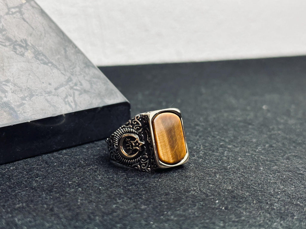 Sterling Silver Signet Ring: Tiger Eye Gemstone - Ottoman Crescent Star