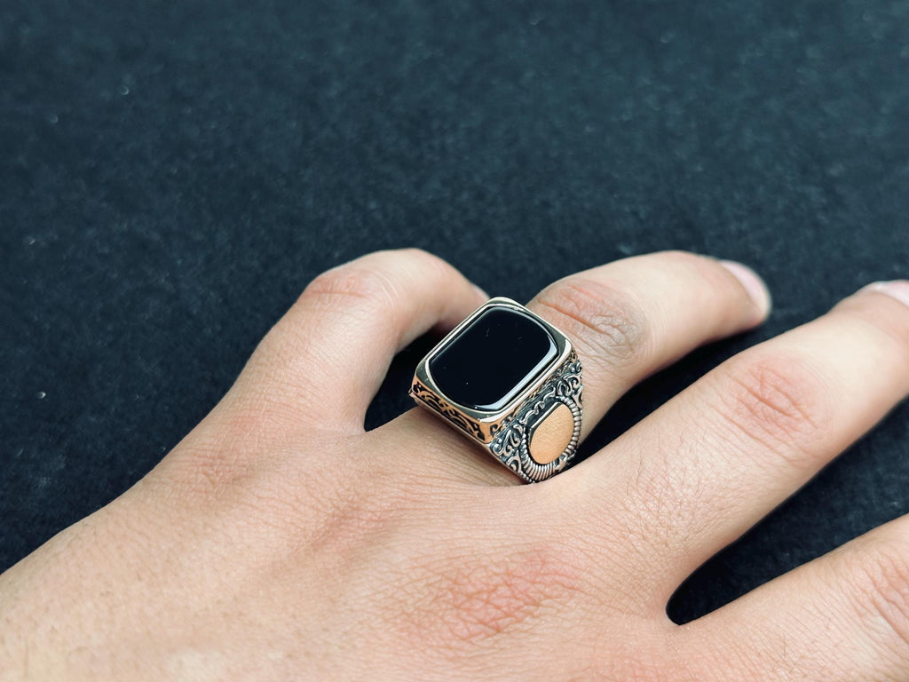 Square Onyx Ring: Turkish Handmade Silver - Engraved Ottoman Style