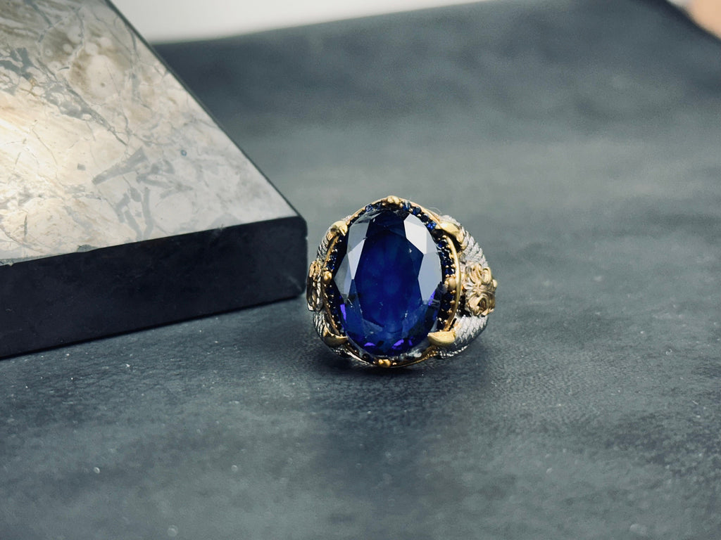 Blue Zircon Sterling Silver King Ring (Crown Design)