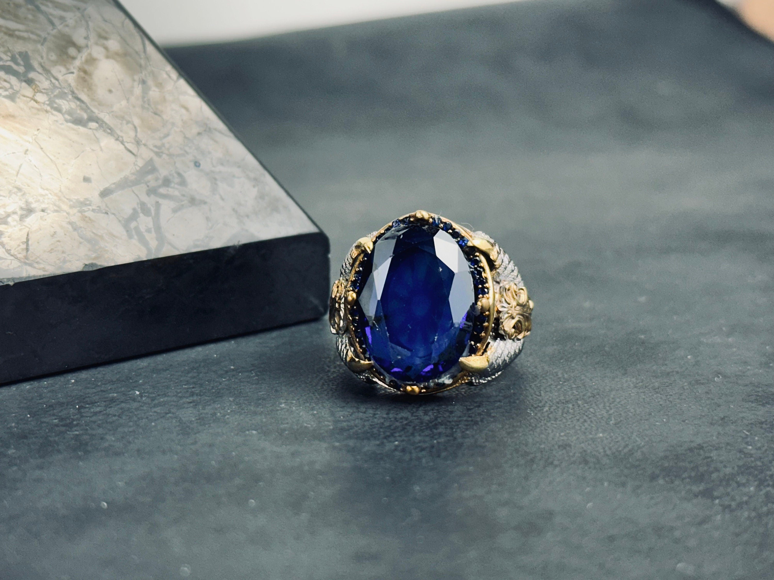 Blue Zircon Sterling Silver King Ring (Crown Design)