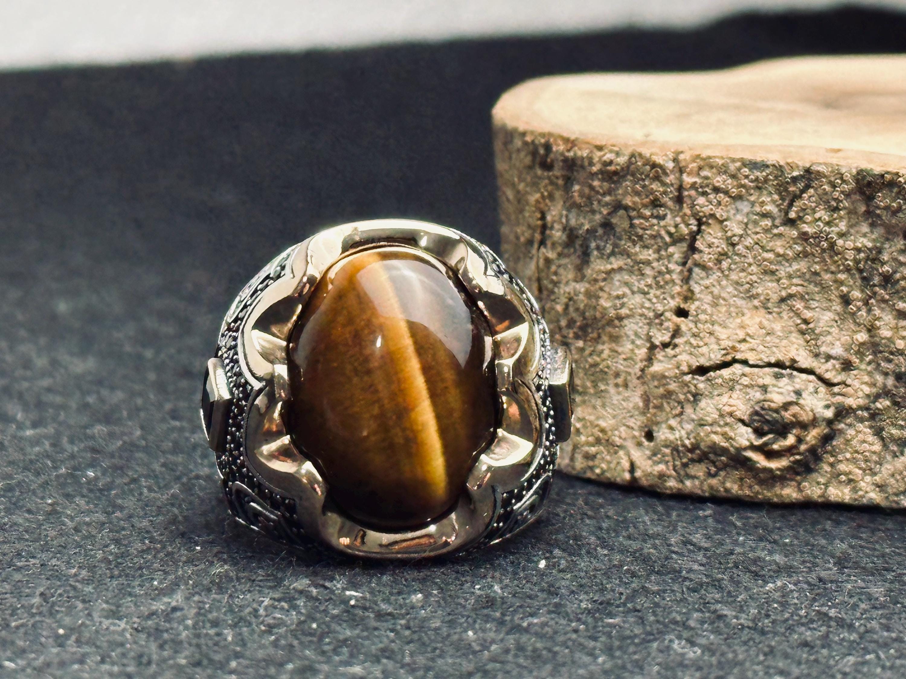 Men's Statement Ring: Tiger Eye Gemstone - Oxidized 925 Silver