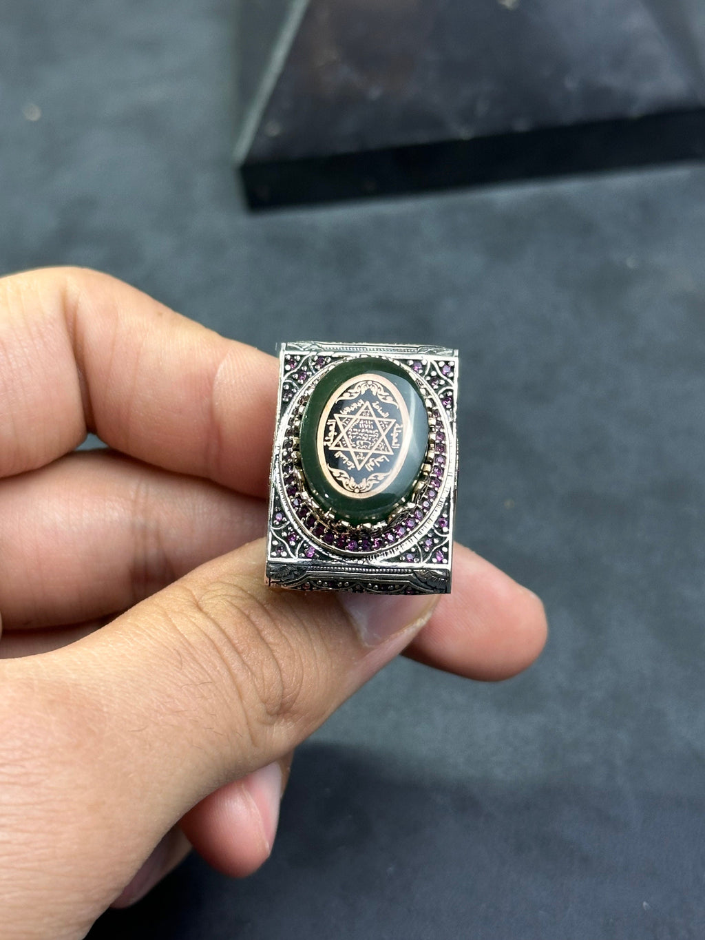 Green Amber Solomon Ring: Sterling Silver, Big Men's Signet