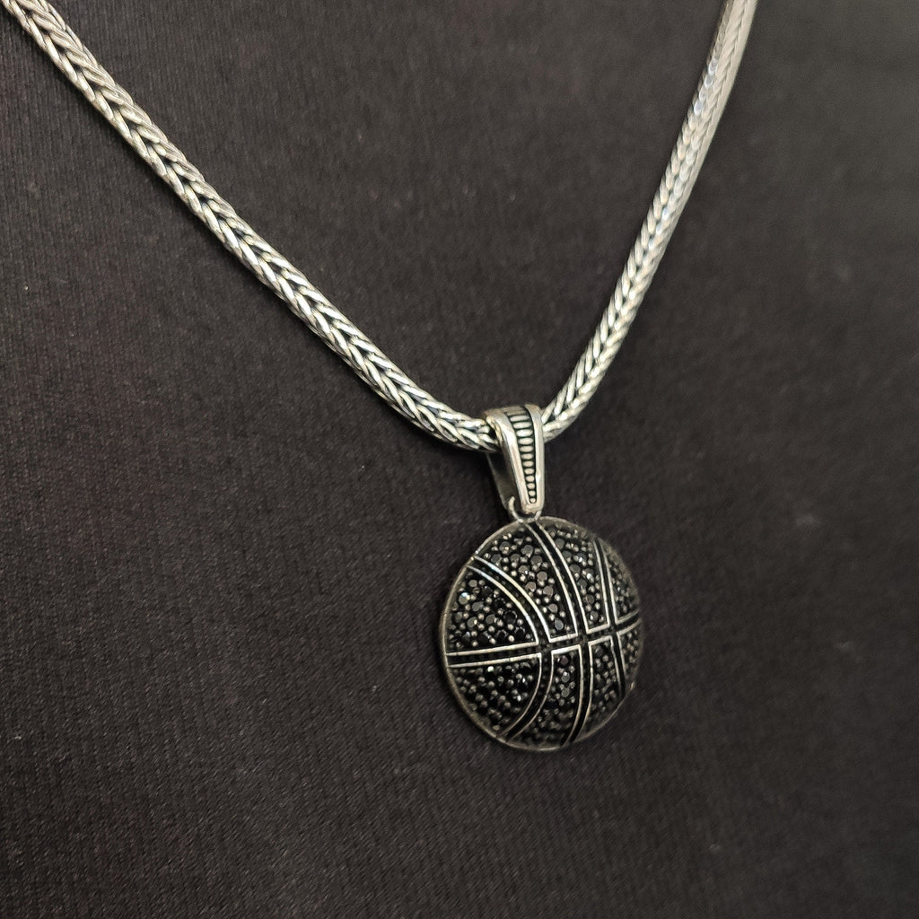 Sterling Silver Basketball Necklace: Black Zircon Accent