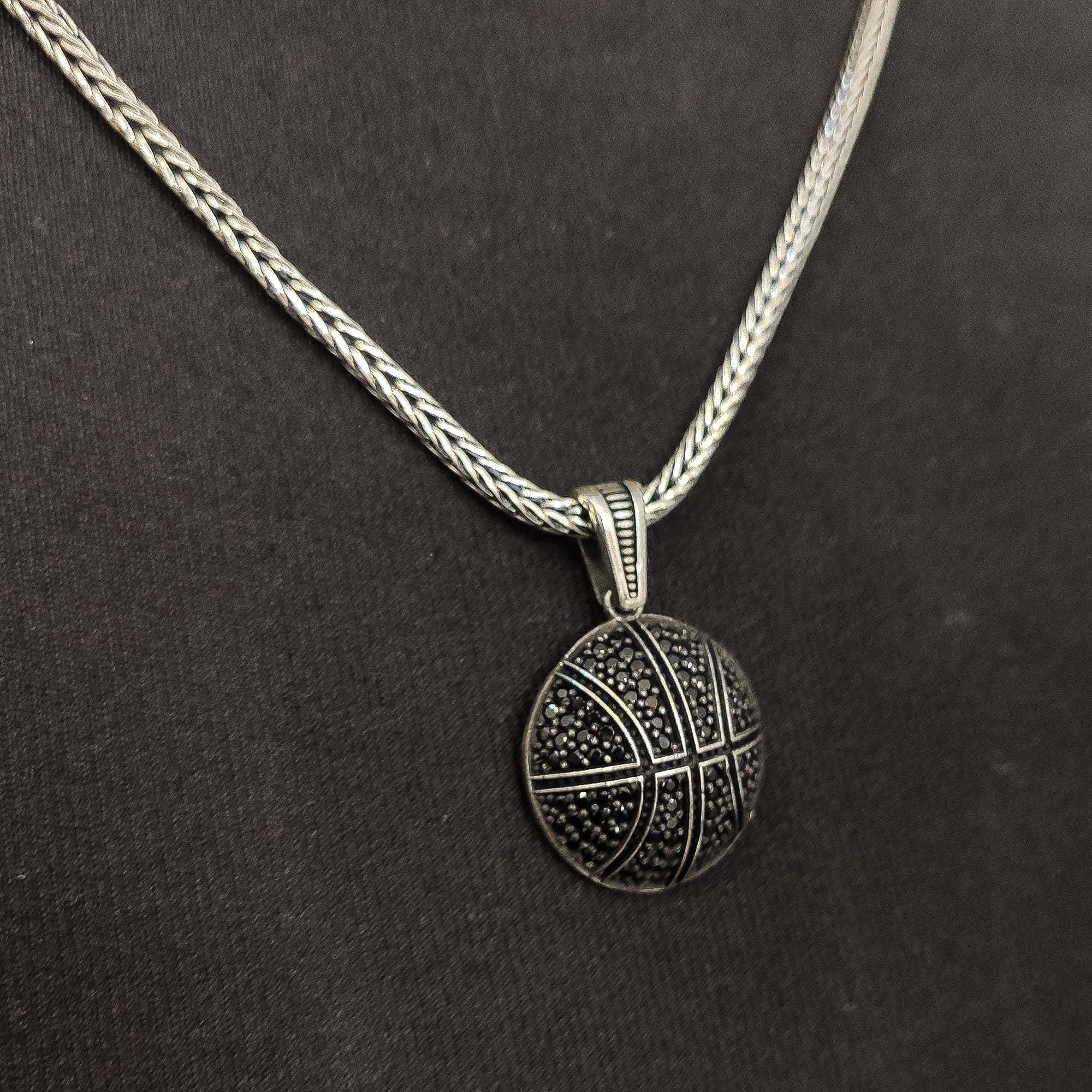Sterling Silver Basketball Necklace: Black Zircon Accent