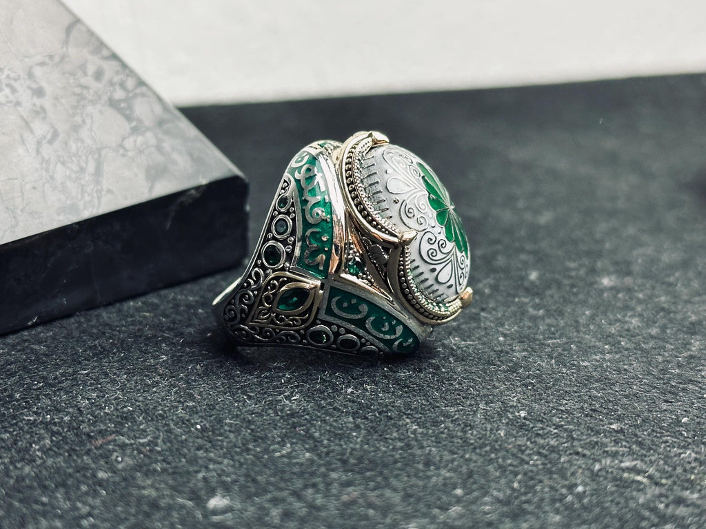 Green Enamel Islamic Ring, 925 Sterling Silver Ottoman Men's Ring