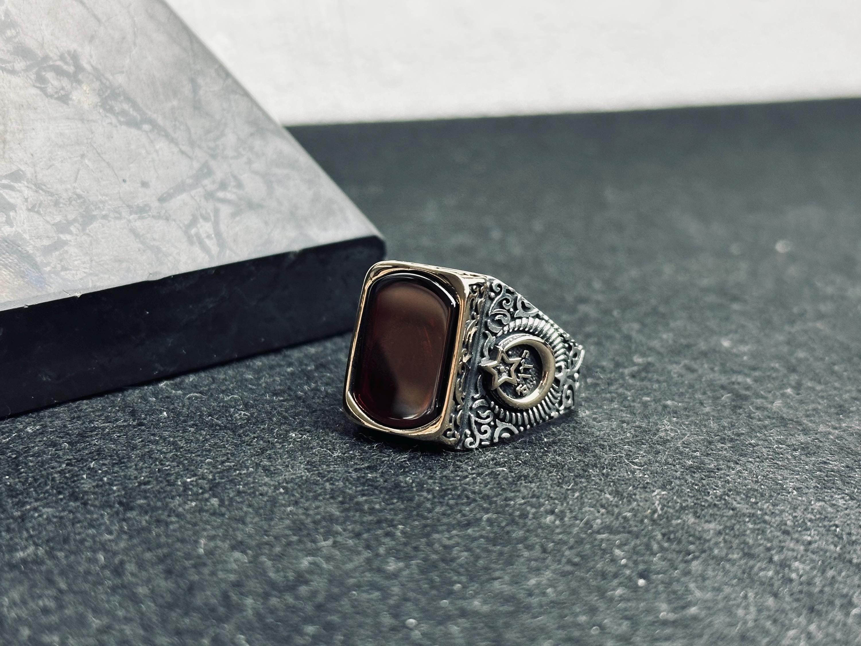 Square Amber Men's Ring - Sterling Silver, Moon and Star Accent