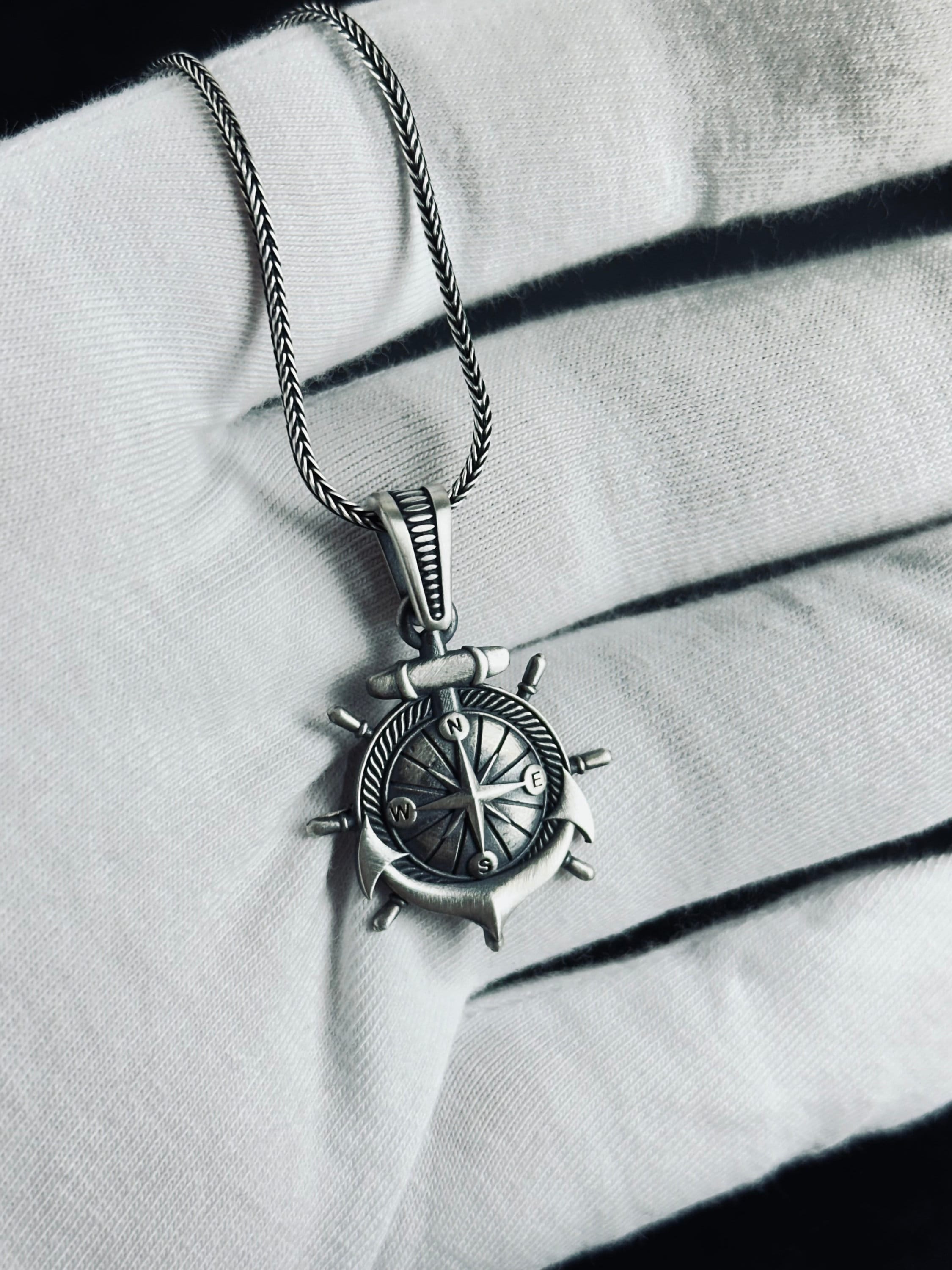 Nautical Silver Compass Necklace - Handcrafted Pendant Jewelry