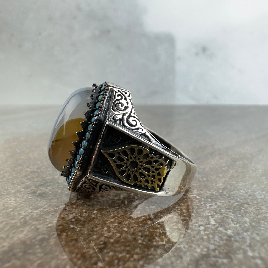 Yemenni Aqeeq Silver Ring - Handmade Men's Gemstone Jewelry