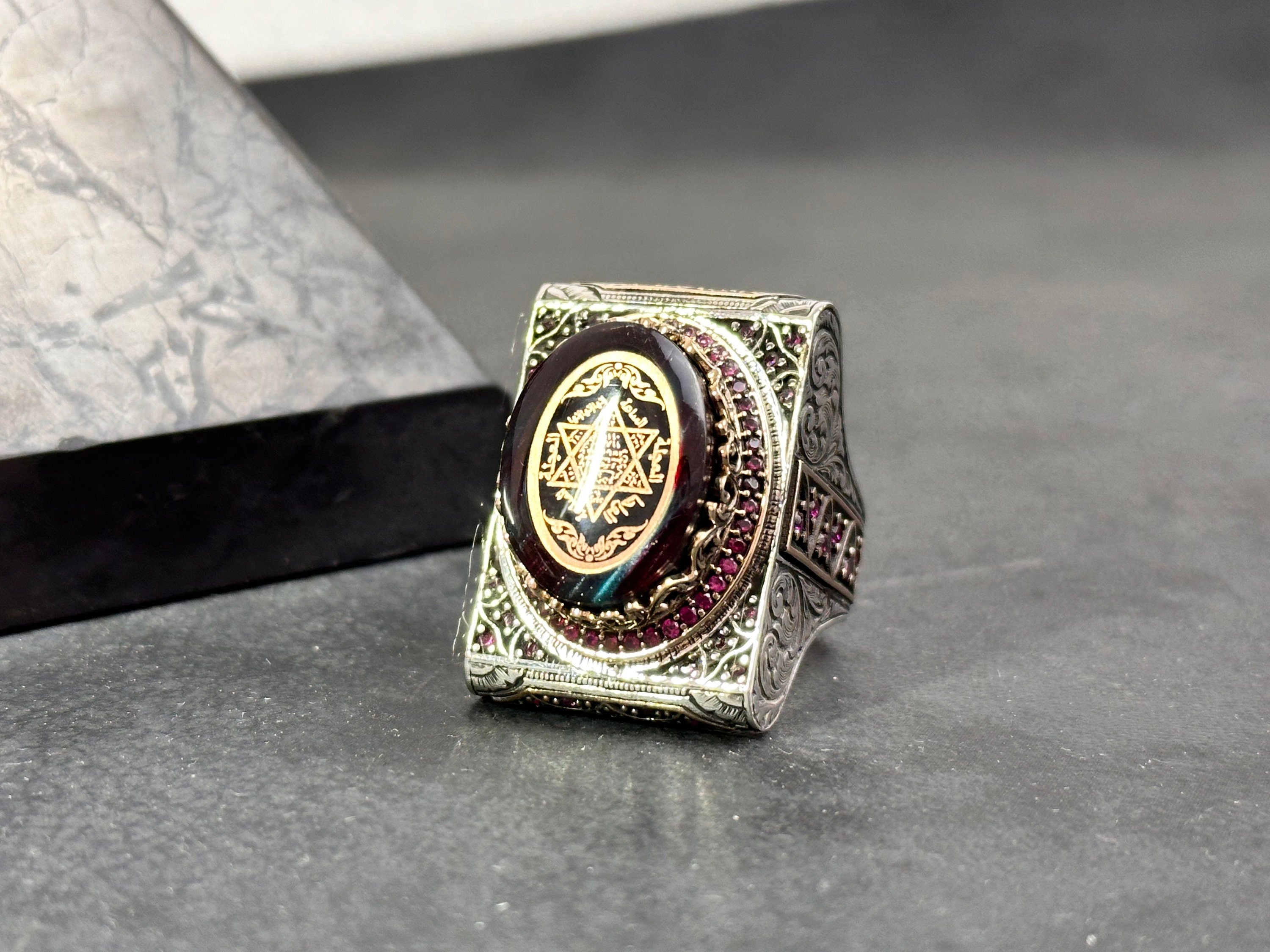 Solomon Seal Ring: Large Amber Stone - Sterling Silver Men’s Jewelry