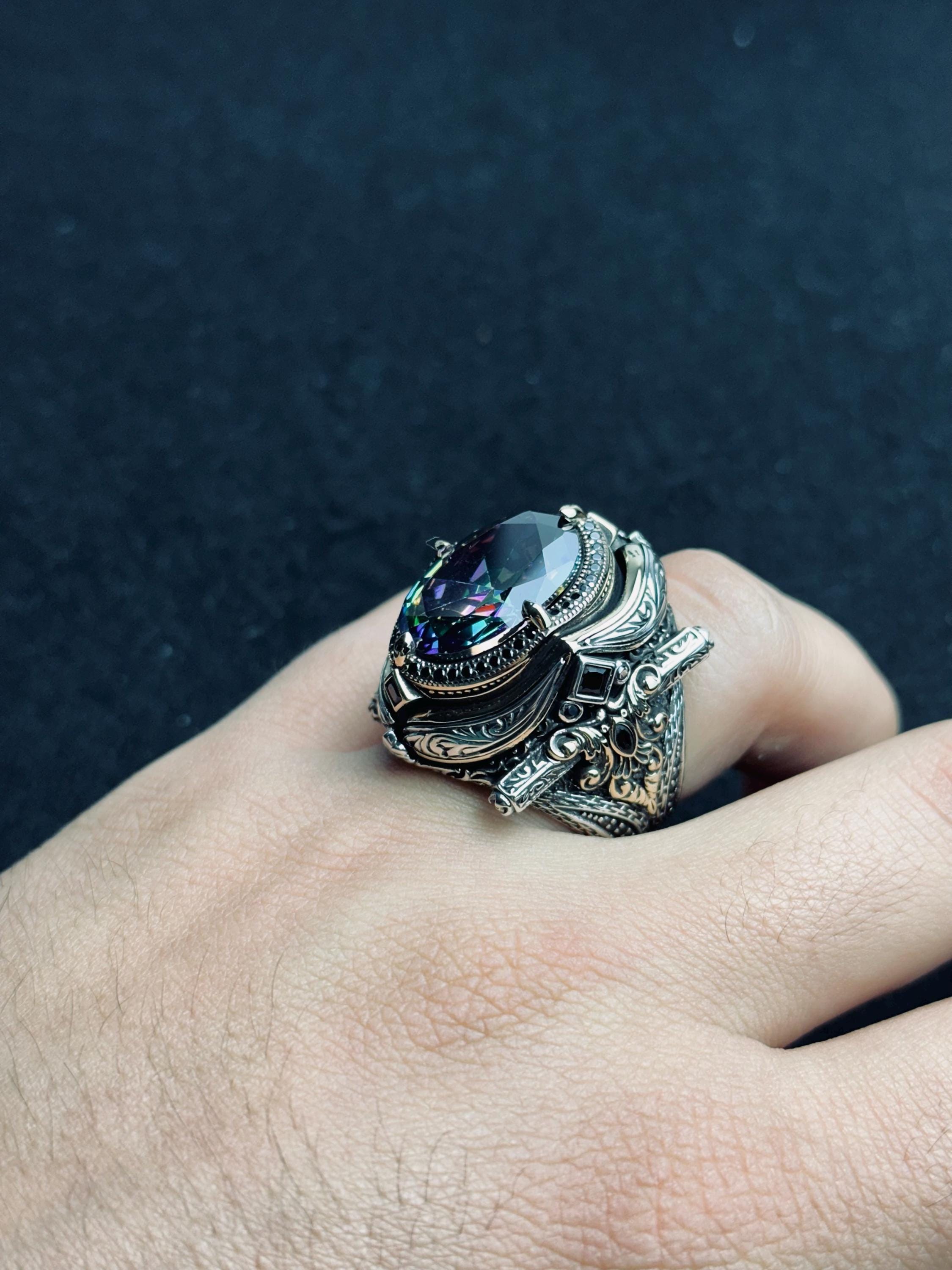 Men's Mystic Topaz Ring: Bold Silver Statement - Handmade in Turkey